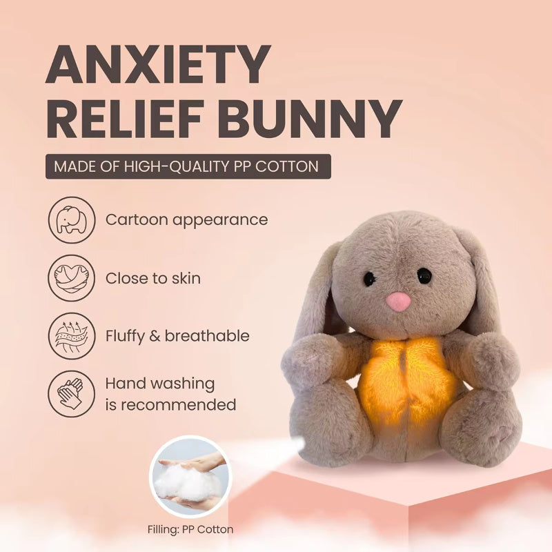 Anxiety relief bunny plush toy with text on a pink background