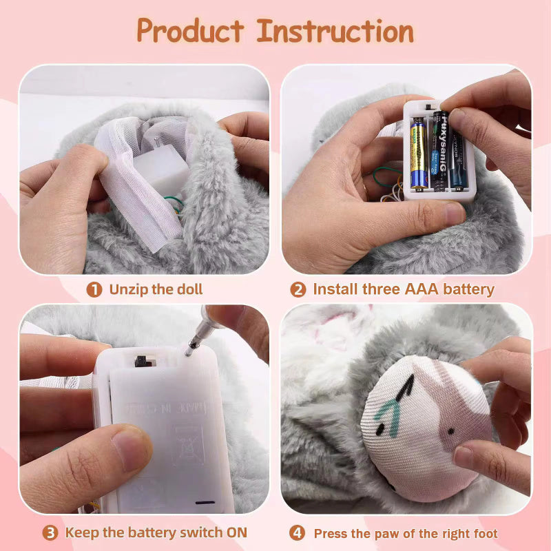 Step-by-step instructions for using a plush toy with a battery pack on a pink background.