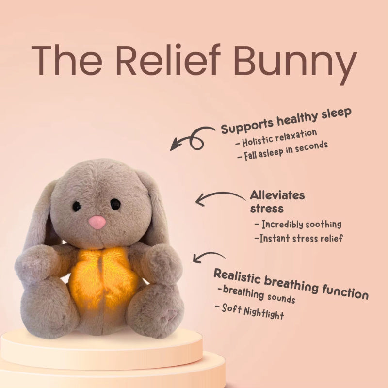 Plush bunny with glowing belly on a pink background, labeled 'The Relief Bunny' with features listed.