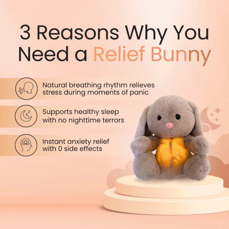 Relief Bunny plush toy with text on a pink background