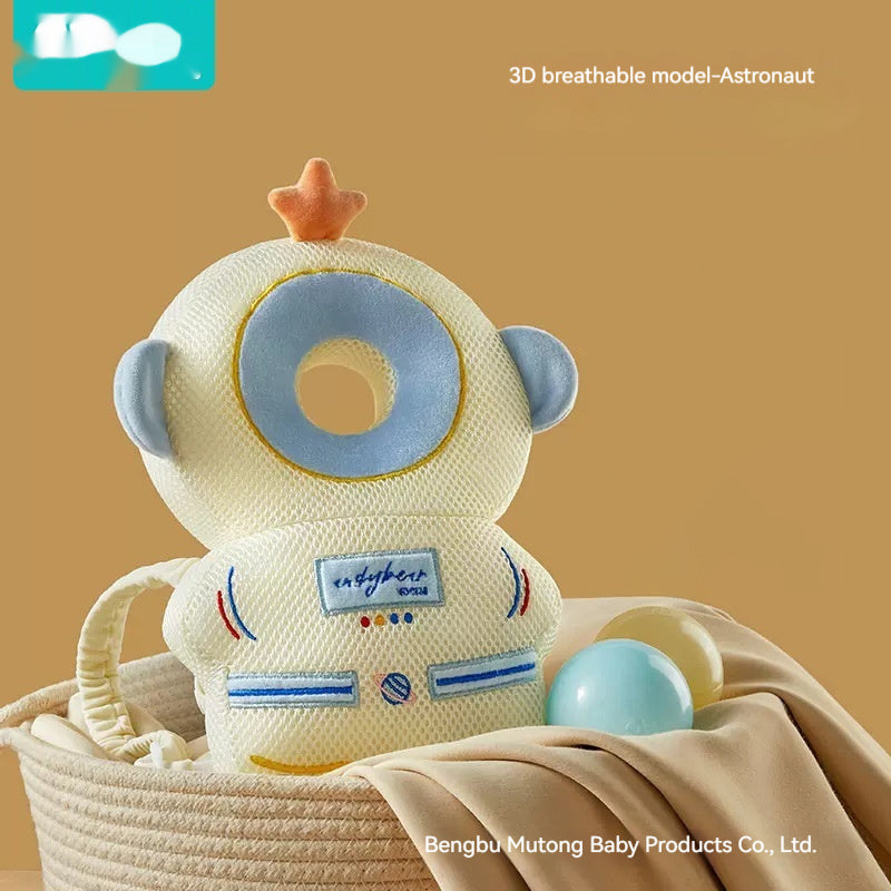 Plush toy astronaut in a basket with a beige background