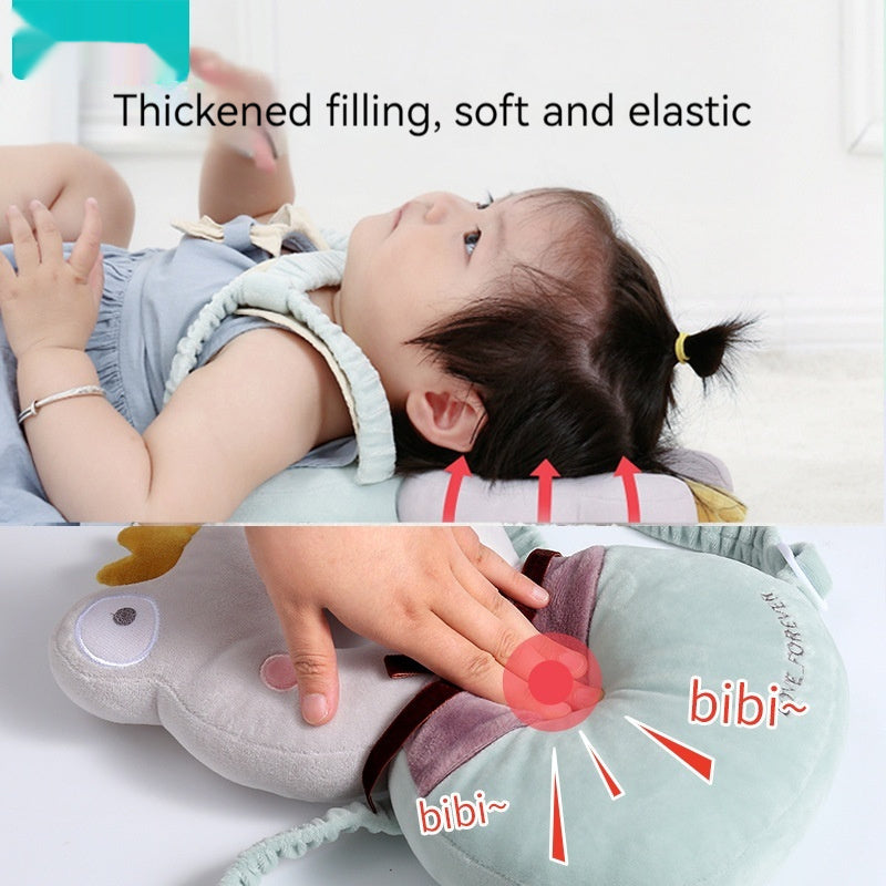 Baby lying on a soft, elastic pillow with text highlighting its features.