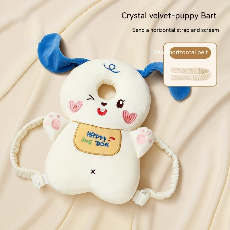Plush toy resembling a puppy with blue ears on a beige background