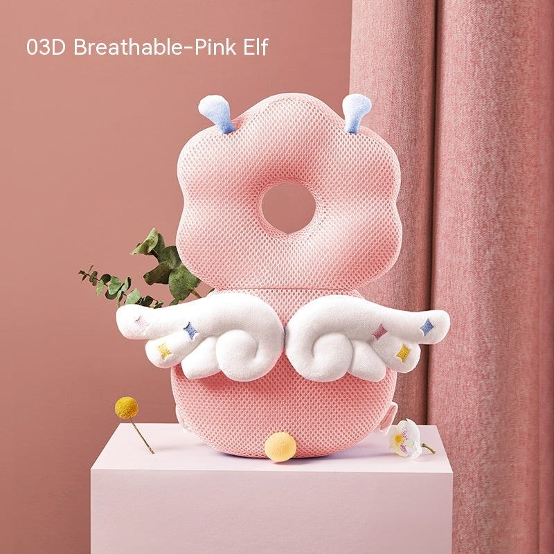 Pink elf-shaped product with white beard and blue buttons on a pink background