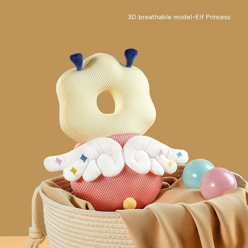 Plush toy resembling an elf princess in a basket with colorful balls on a beige background