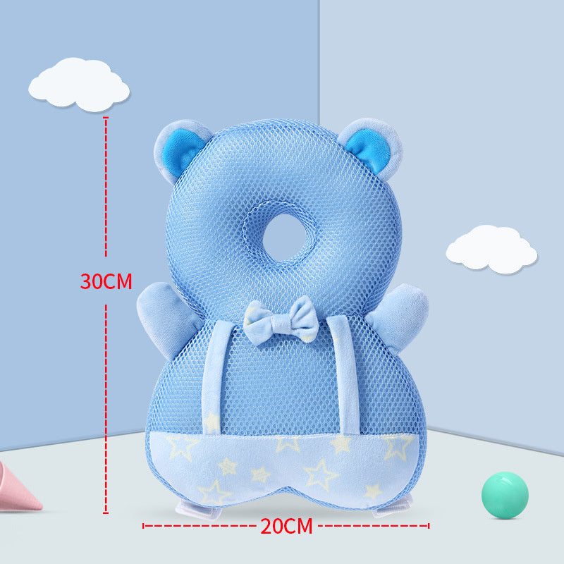 Blue baby pillow with bear ears and bow tie, shown with measurements on a light blue background.