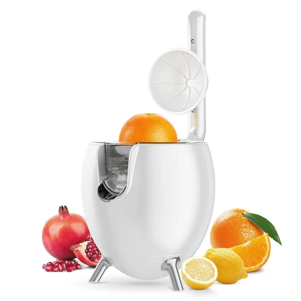 Silver citrus juicer with fruits on a white background