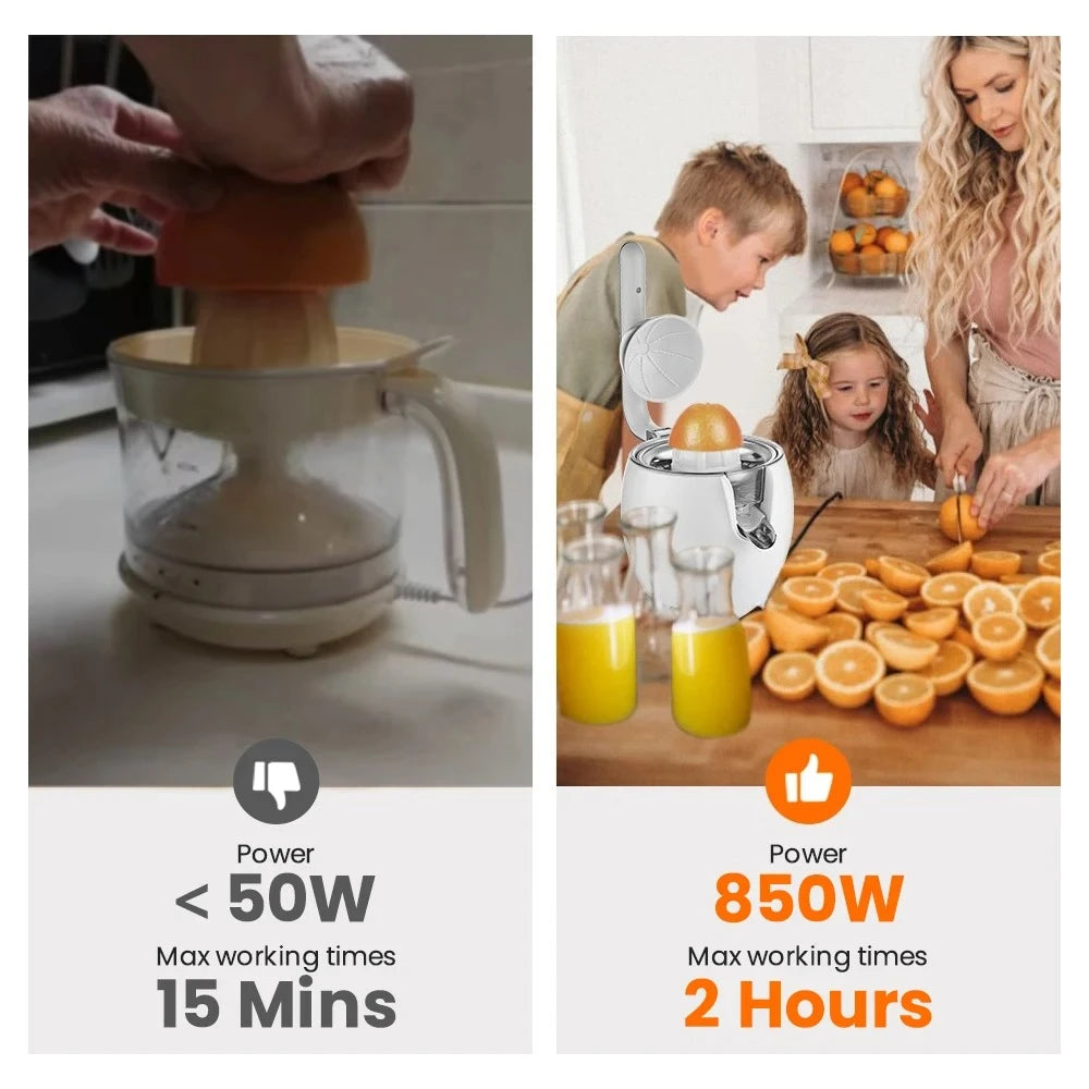 Comparison of two juicers with power ratings and working times displayed.