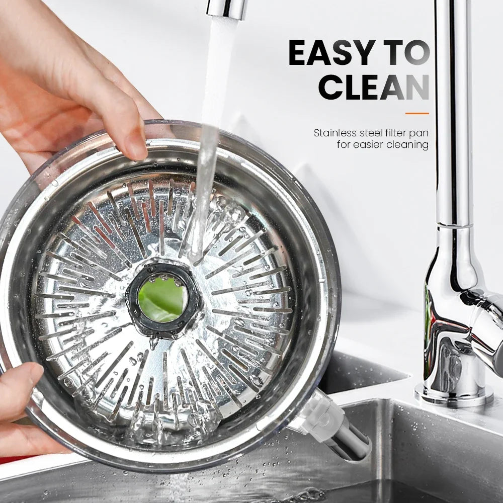 Stainless steel filter pan being held over a sink with text 'Easy to Clean' and 'Stainless steel filter pan for easier cleaning'.