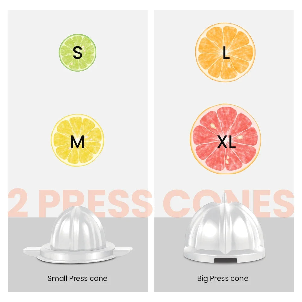 Two citrus press cones labeled Small, Medium, Large, and Extra Large with corresponding fruit illustrations on a white background.