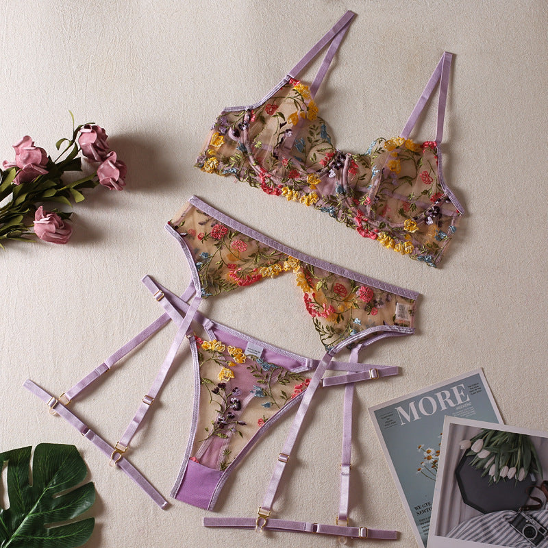 Ellolace Lingerie Sensual Lace Transparent Embroidery 3-Piece