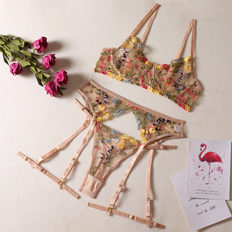 Ellolace Lingerie Sensual Lace Transparent Embroidery 3-Piece