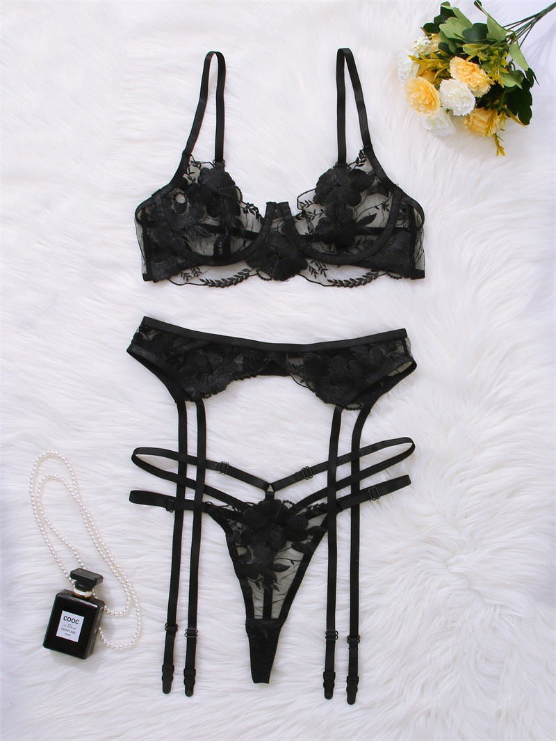 Embroidered Sexy Lingerie Suit Three-piece
