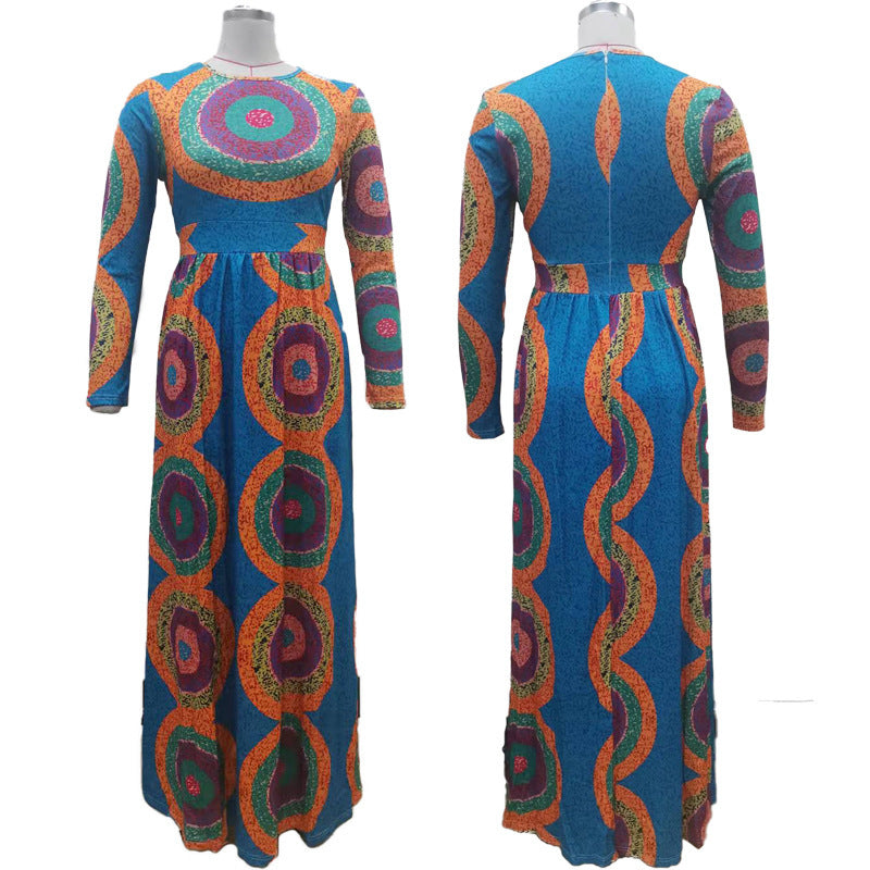 Colorful patterned dress on a mannequin with a white background