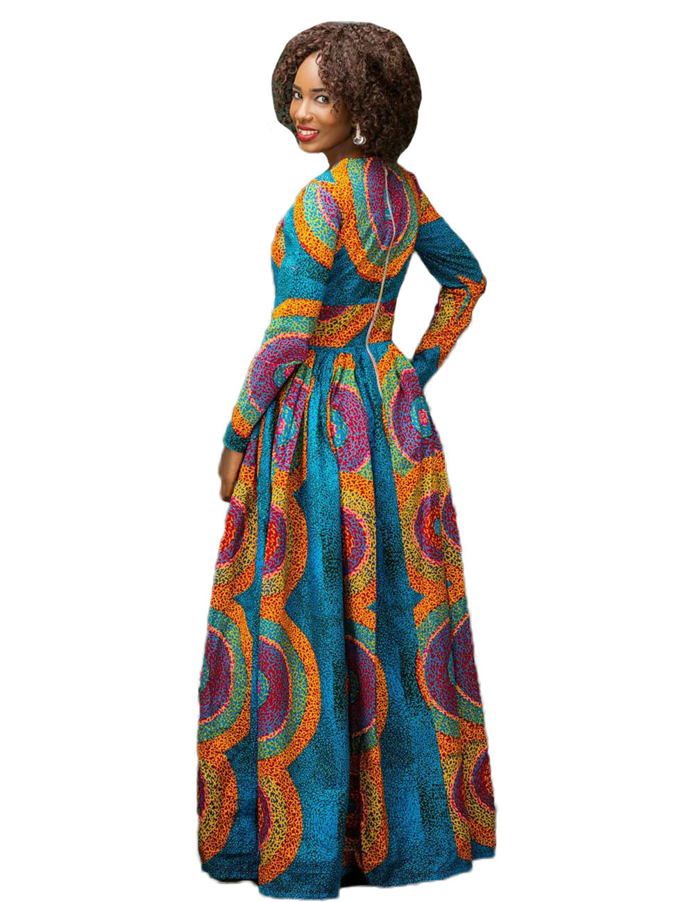 Woman wearing a colorful patterned dress on a white background