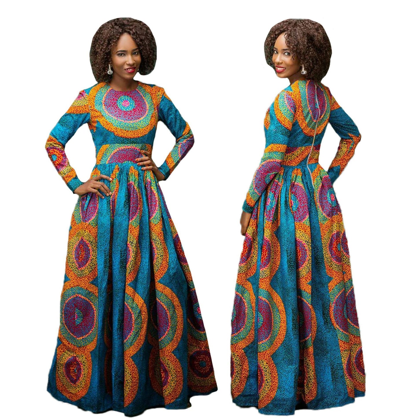 Woman wearing a colorful patterned dress on a white background