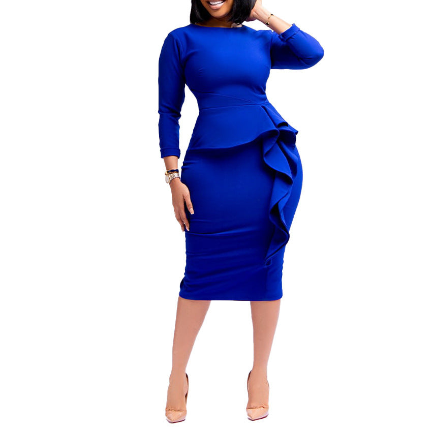 Blue peplum dress worn by a model on a white background