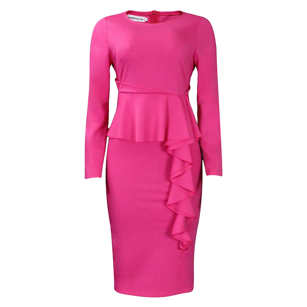 Pink dress with ruffled details on a white background