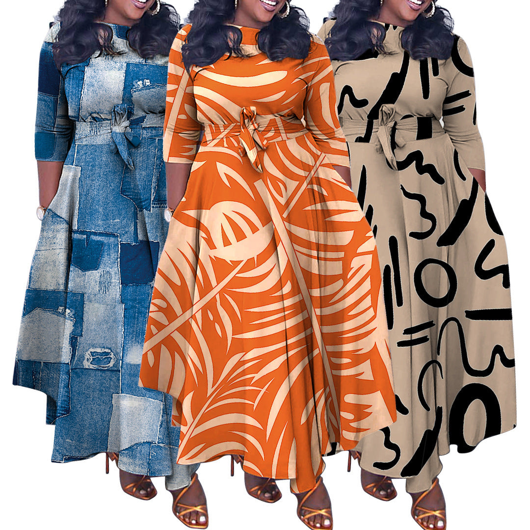 Three women wearing different dresses with unique patterns on a white background