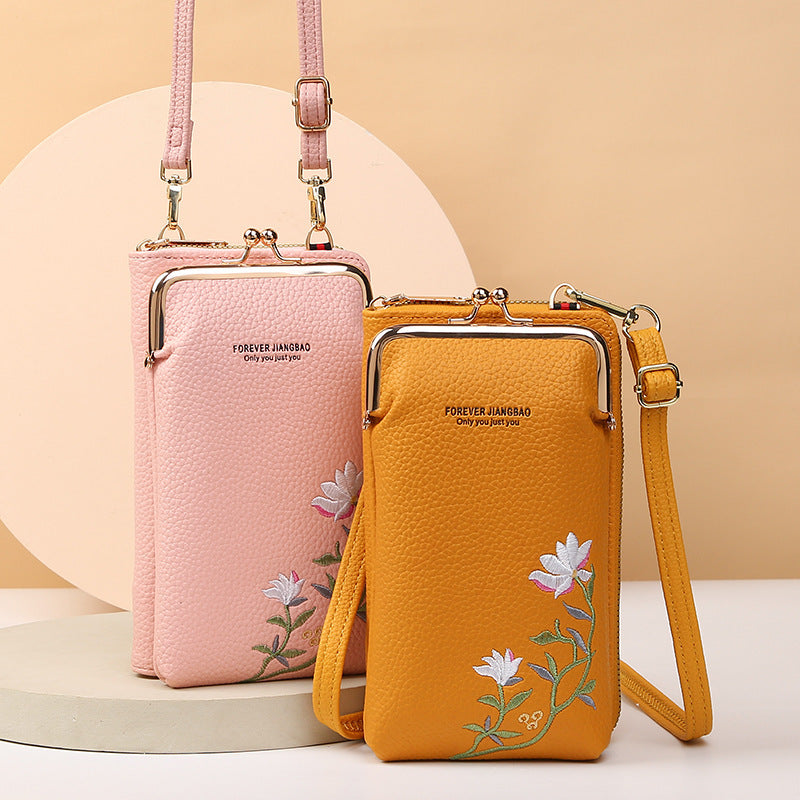 Flower Embroidery Phone Bag With Lock Buckle