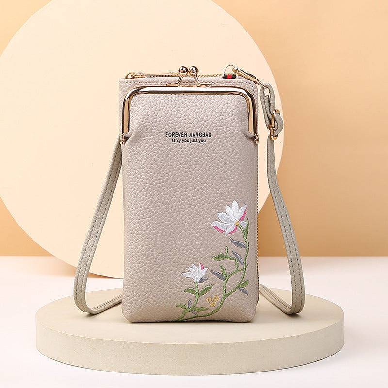 Flower Embroidery Phone Bag With Lock Buckle