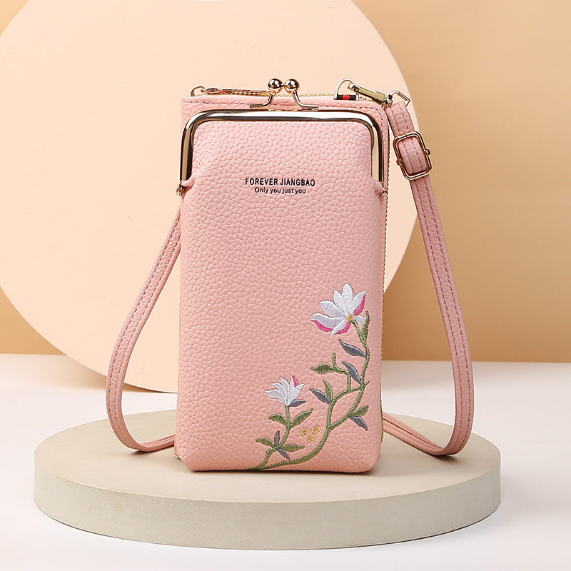 Flower Embroidery Phone Bag With Lock Buckle