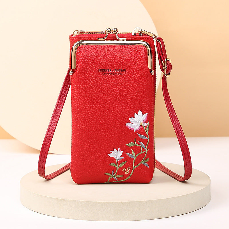 Flower Embroidery Phone Bag With Lock Buckle