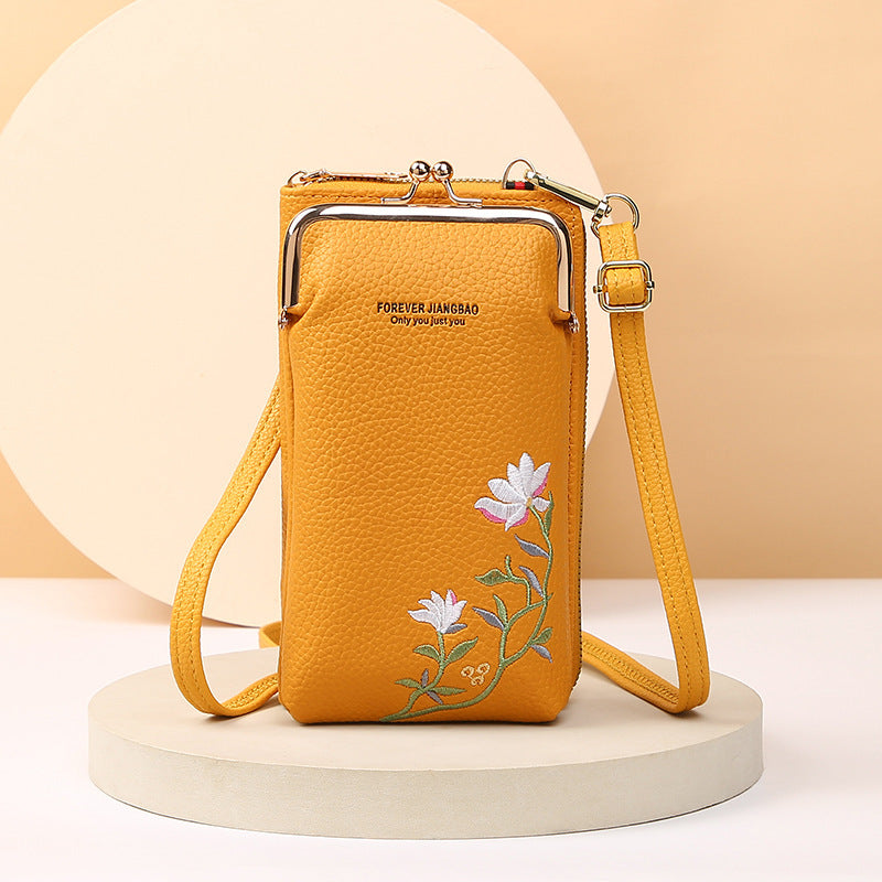 Flower Embroidery Phone Bag With Lock Buckle