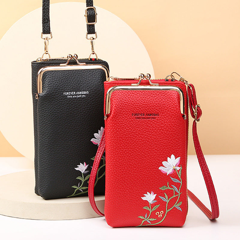 Flower Embroidery Phone Bag With Lock Buckle