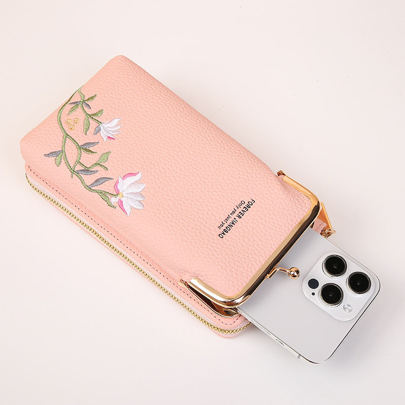 Flower Embroidery Phone Bag With Lock Buckle