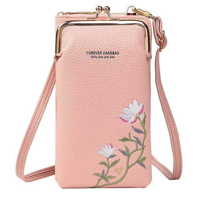 Flower Embroidery Phone Bag With Lock Buckle