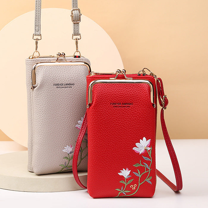Flower Embroidery Phone Bag With Lock Buckle