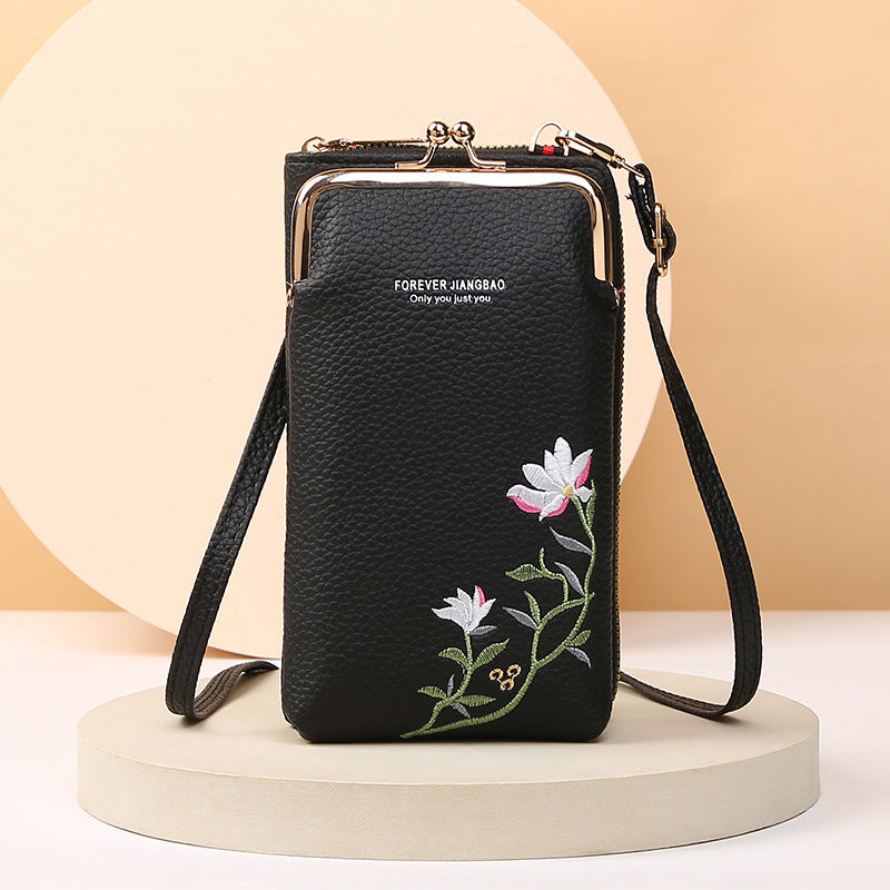 Flower Embroidery Phone Bag With Lock Buckle