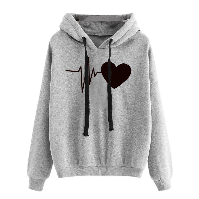 Gray hoodie with a heart and heartbeat line design on a white background