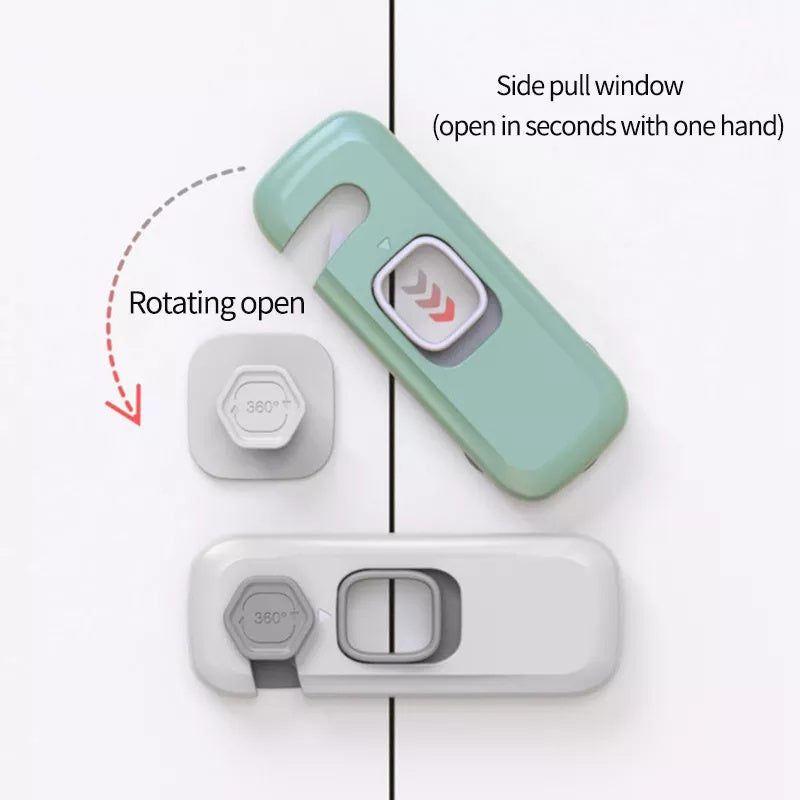 Door lock mechanism with text indicating 'Side pull window' and 'Rotating open' on a white background.