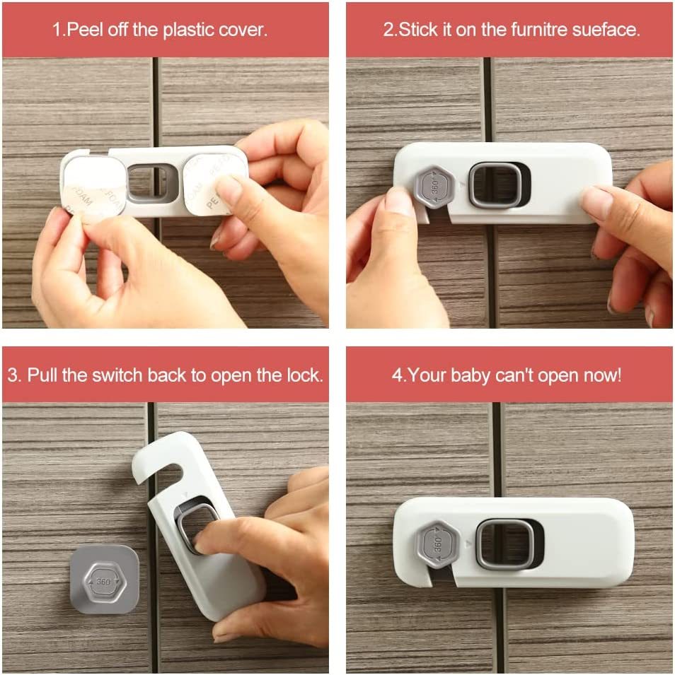 Step-by-step guide on how to use a furniture lock with text instructions.