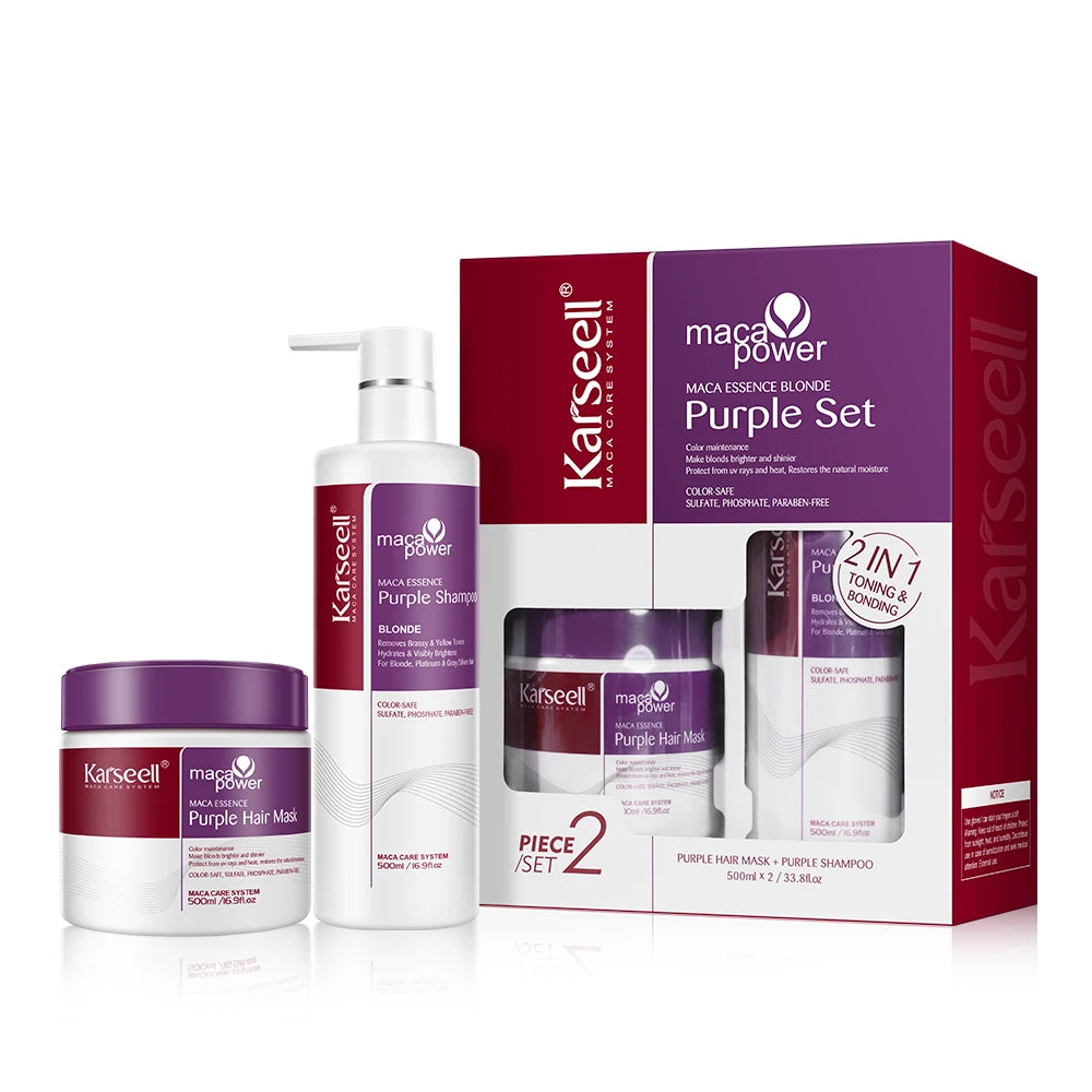 Karseell Maca Power Purple Set with shampoo, hair mask, and packaging on a white background