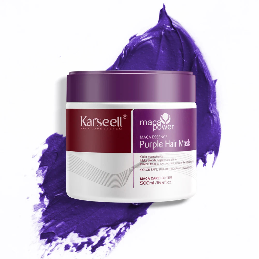 Karseell Maca Power Purple Hair Mask jar with purple hair mask on a white background
