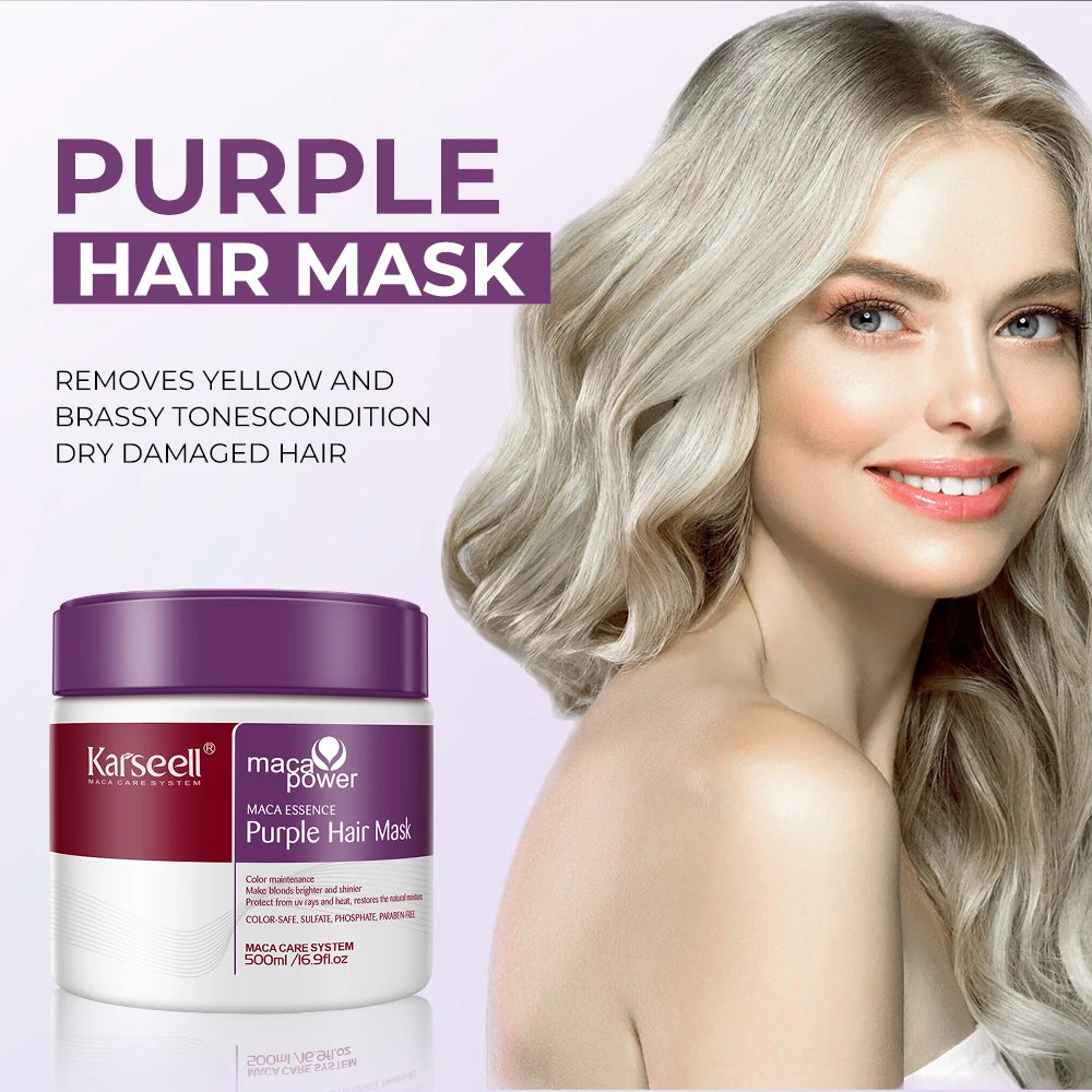 Karseell purple hair mask with a model displaying blonde hair on a light purple background