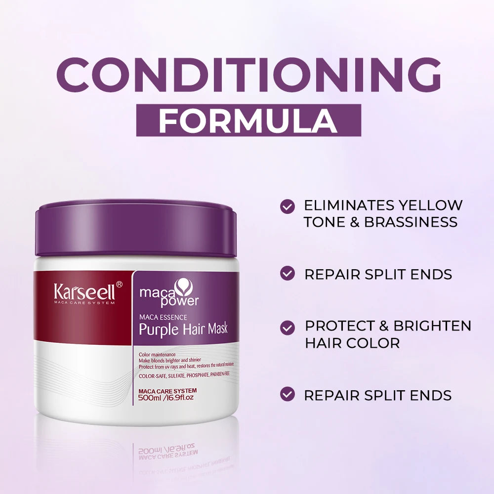 Karseell purple hair mask jar with conditioning formula text on a light purple background