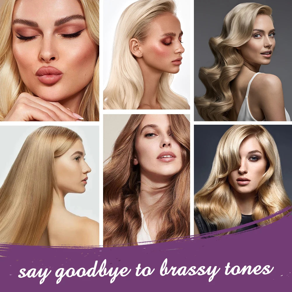 Collage of a woman with blonde hair styled in different ways, with text 'say goodbye to brassy tones' at the bottom.