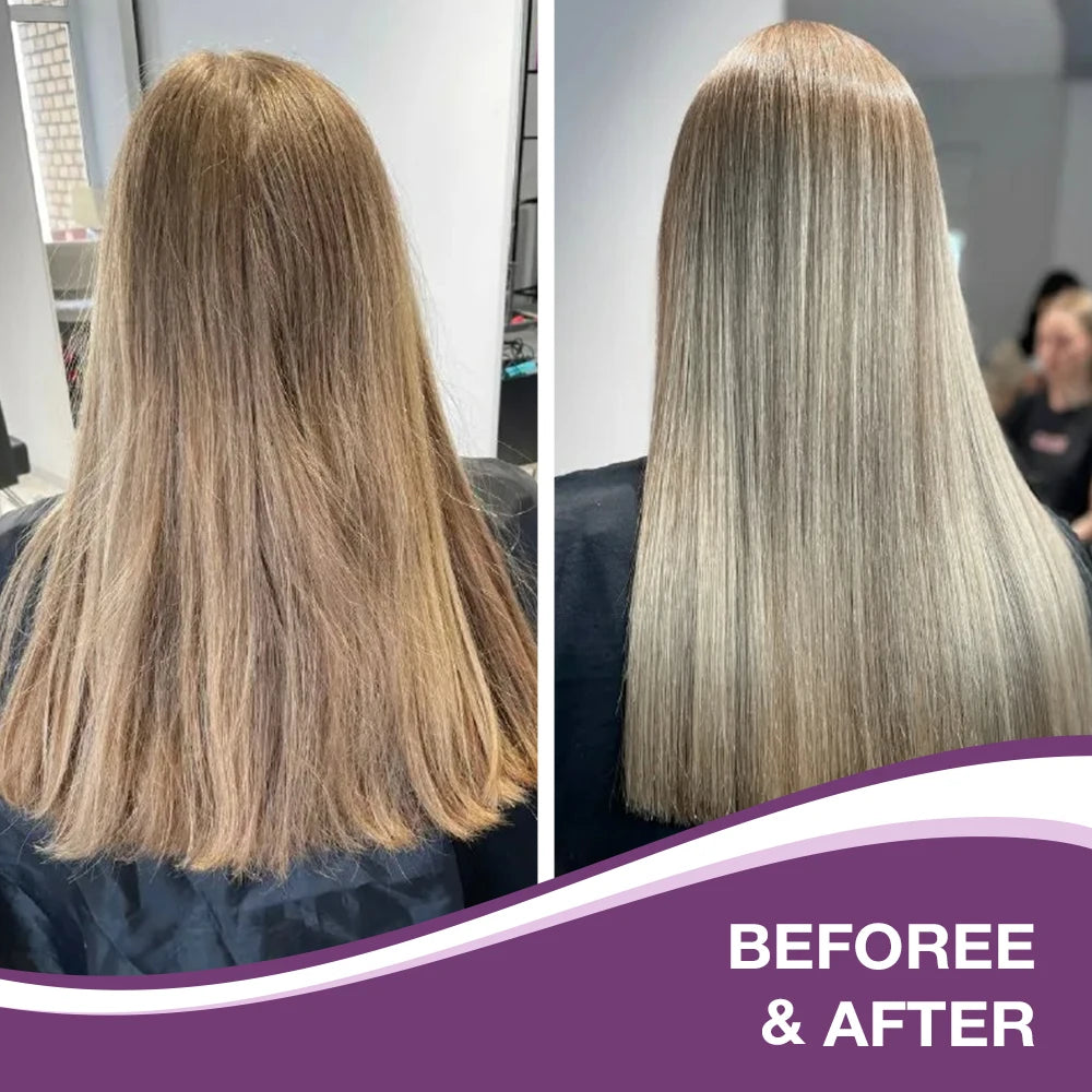 Before and after hair color transformation with a purple banner at the bottom.