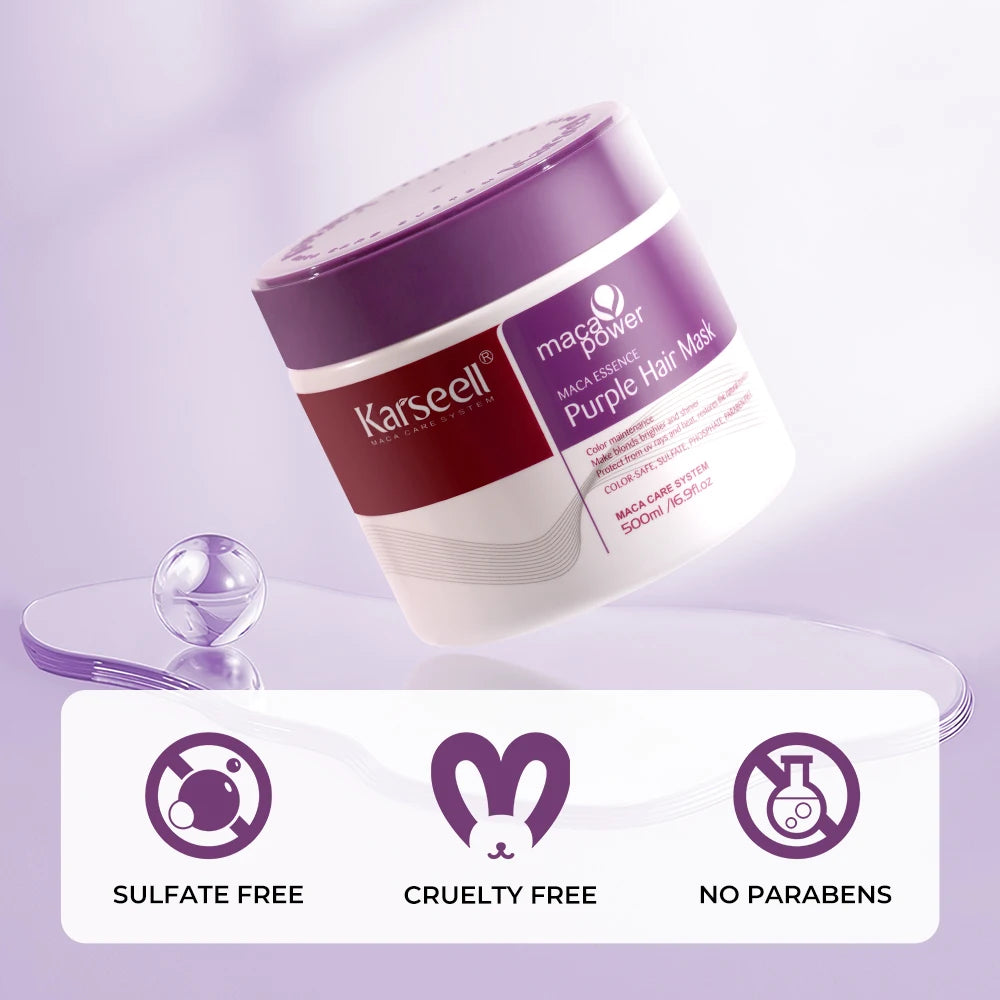 Karseell purple hair mask jar with product features on a light purple background