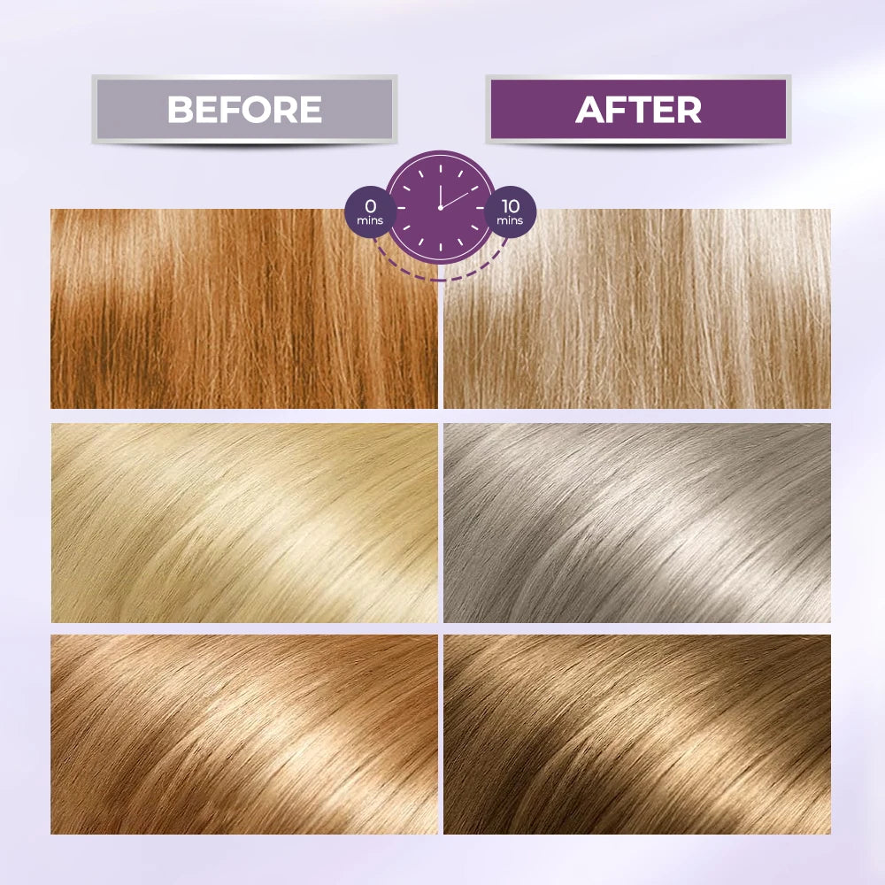 Before and after hair color comparison with a clock icon indicating time elapsed.