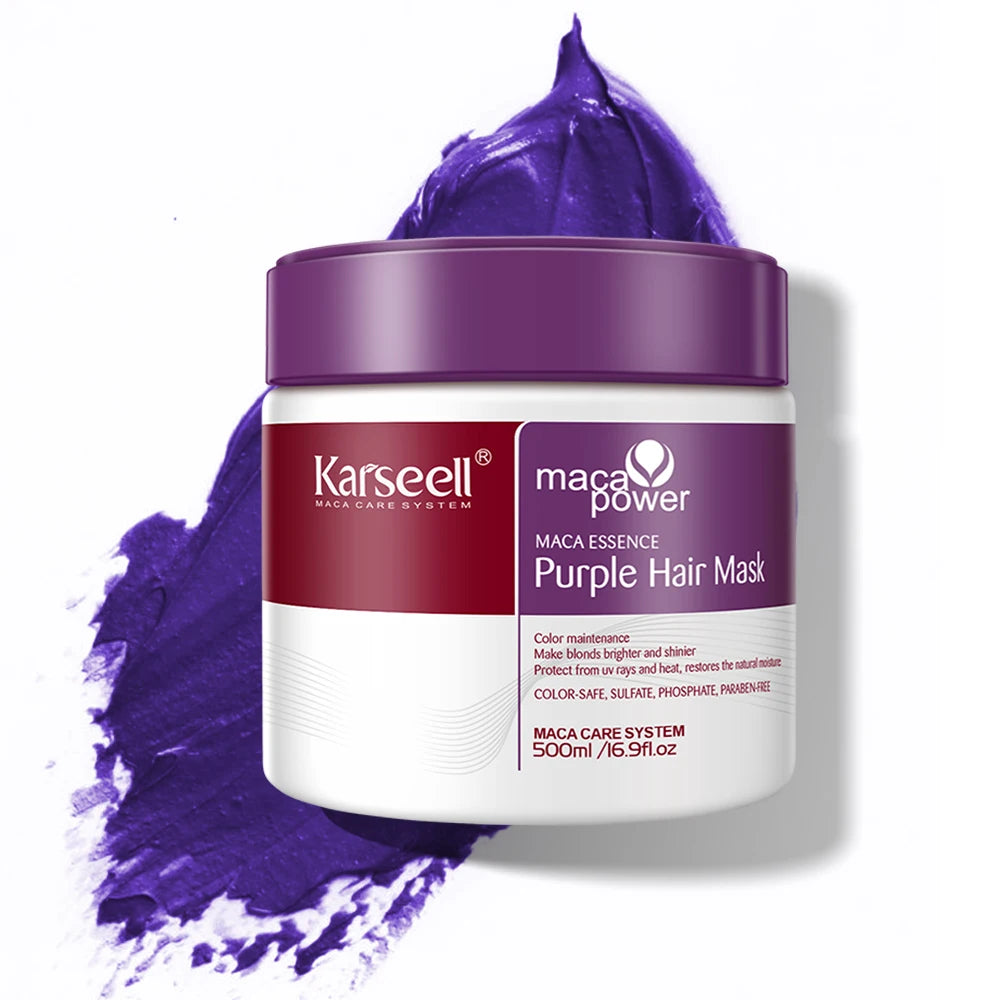 Karseell Maca Power Purple Hair Mask jar with purple hair mask on top against a white background