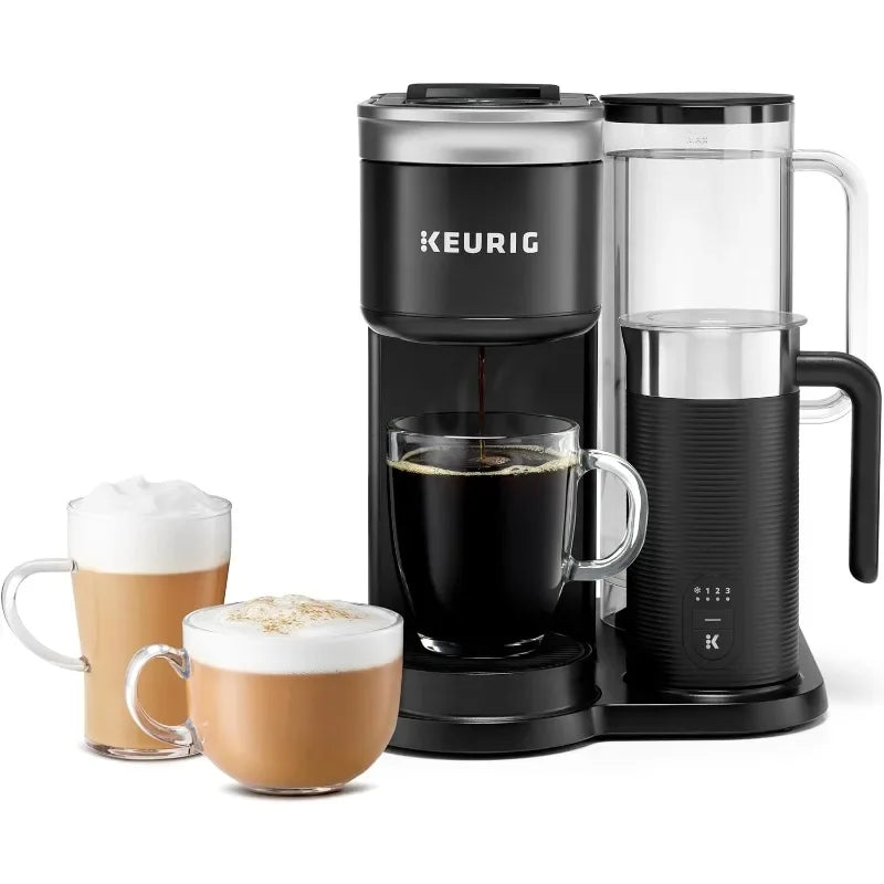 Keurig coffee maker with three cups of coffee on a white background