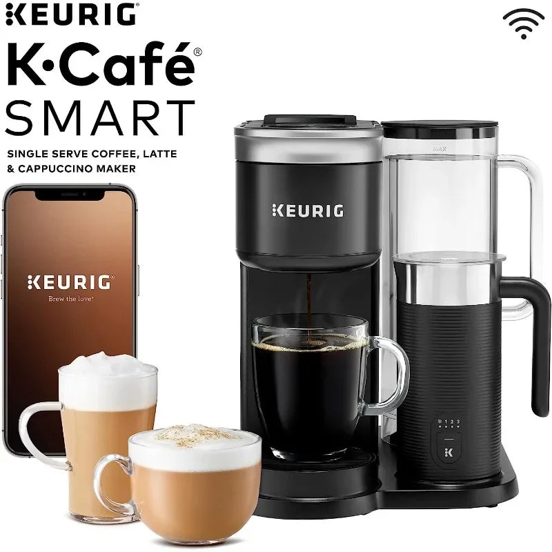 Keurig K-Café Smart coffee maker with a smartphone displaying the Keurig logo, and three coffee cups.