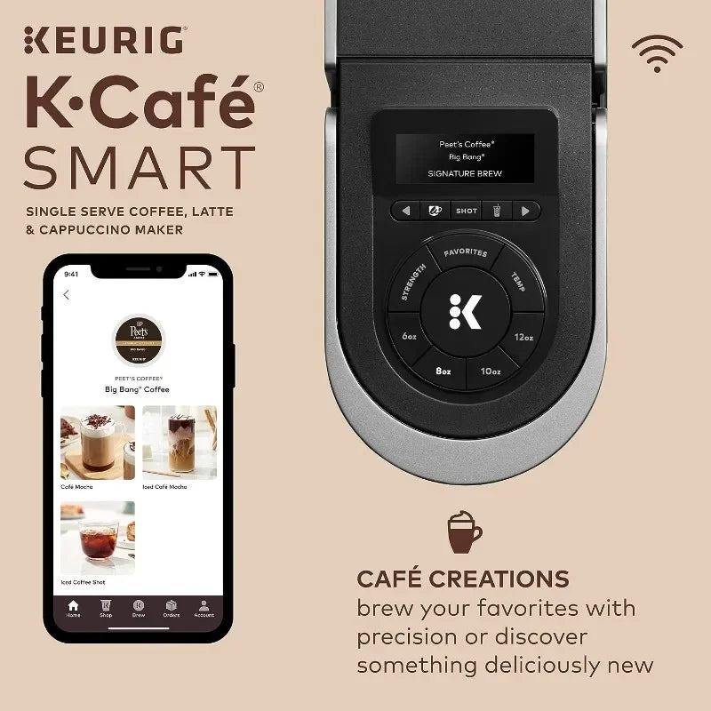 Keurig K-Café Smart coffee maker with smartphone displaying app interface on beige background