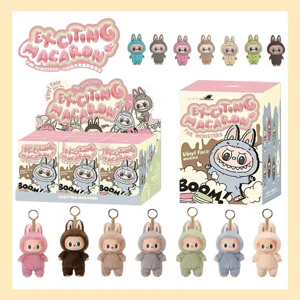 Exciting Macaron Monsters vinyl figures with packaging on a beige background