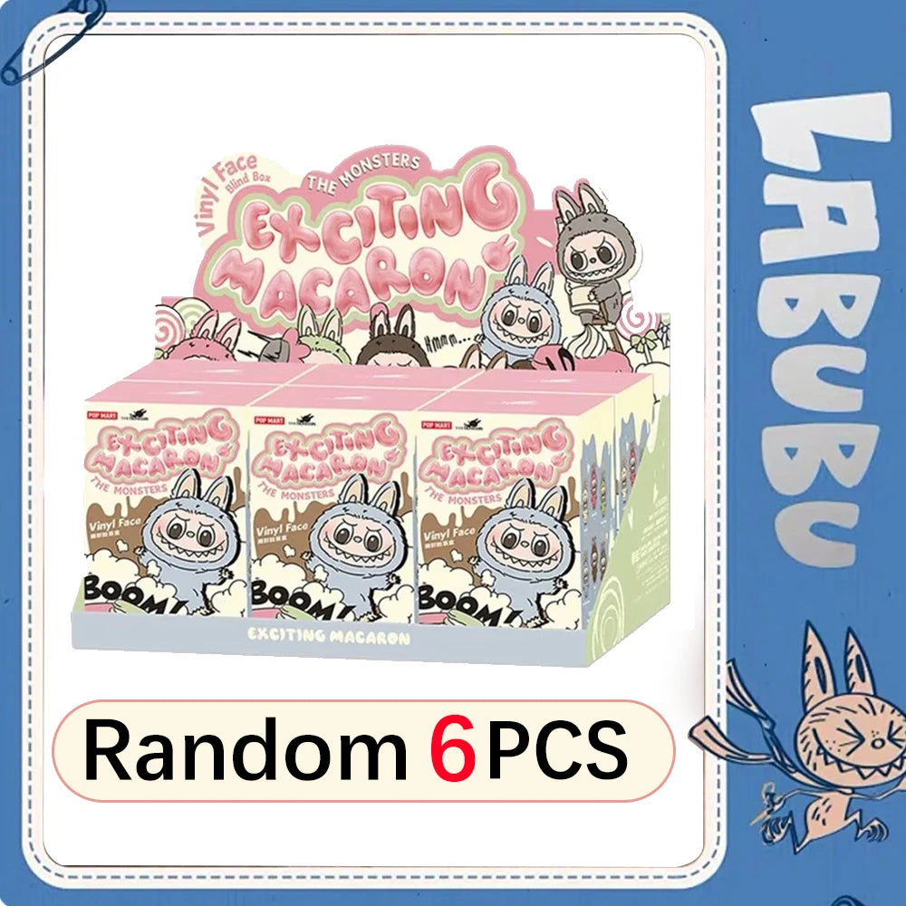 Packaging of Labubu macaron boxes with cartoon characters on a blue background